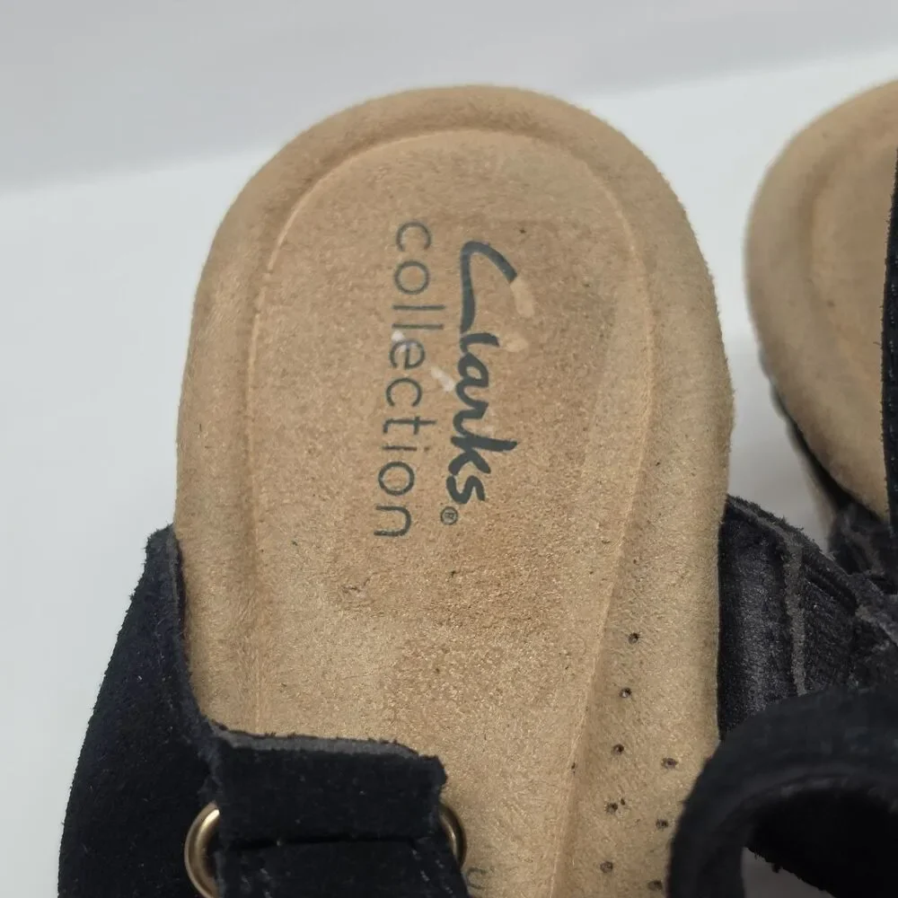 Clarks Seannah Glow Suede Wedge Sandal In Black Womens Sz 10 Wide Slingback